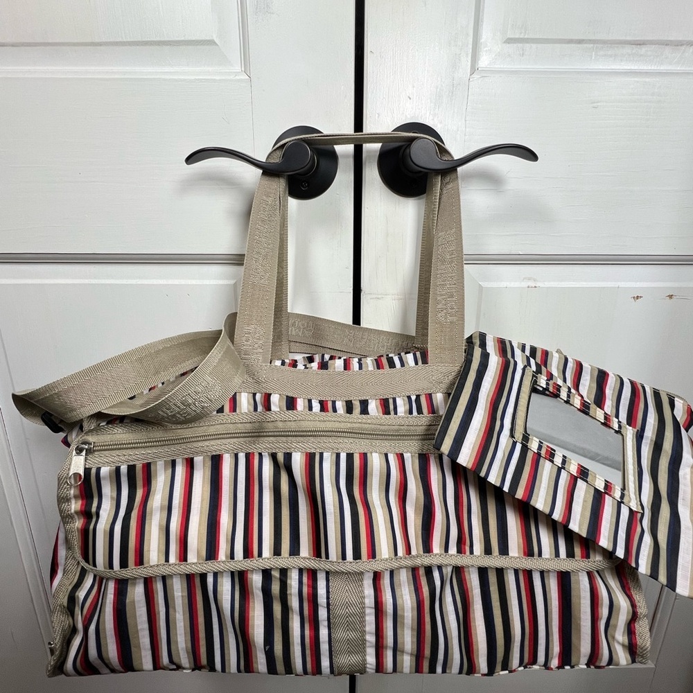 American Tourister 2 Pc Striped Travel Bag/purse, Matching Makeup Purse Name Tag